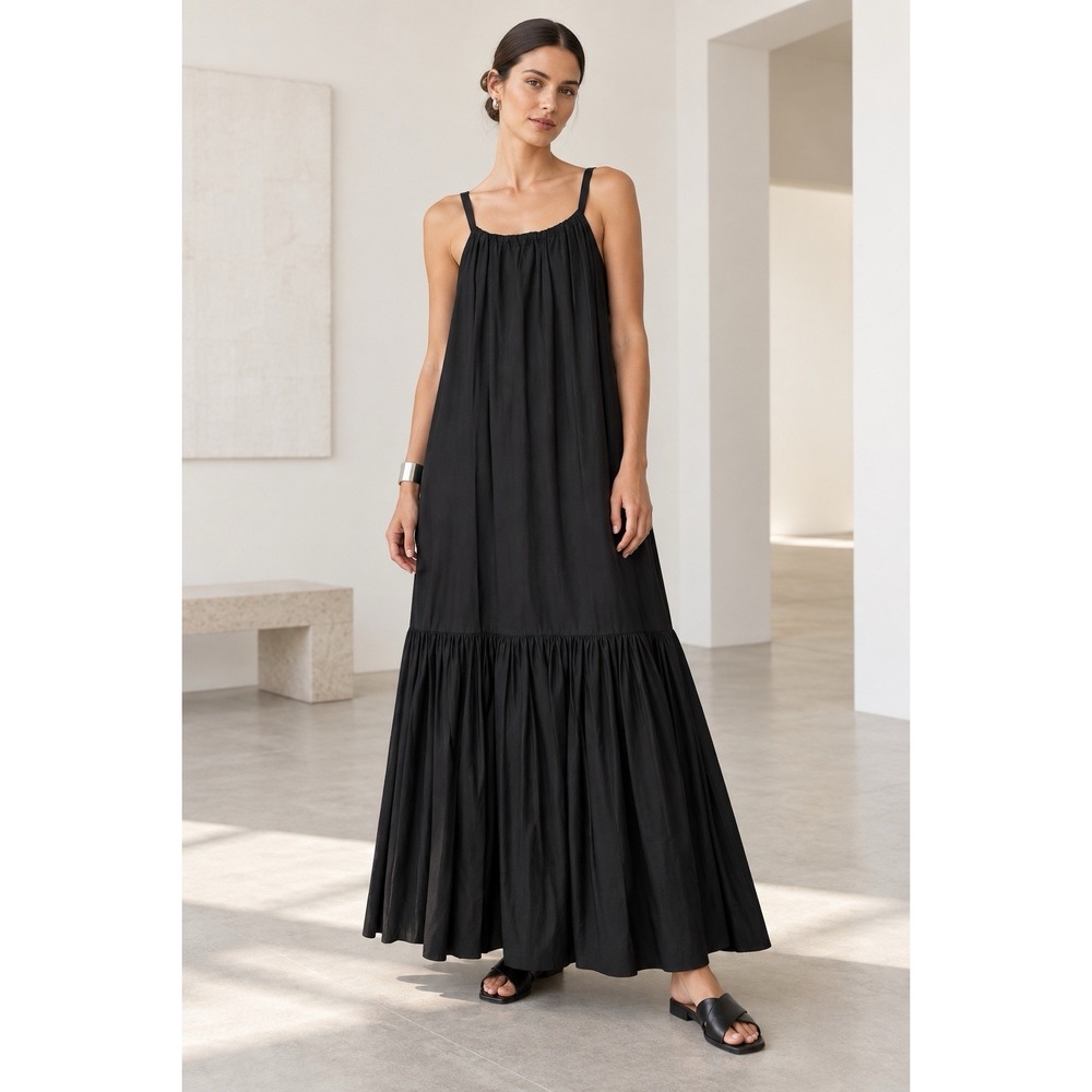 Cos Black Cotton Halter Maxi Dress Loose Tiered Modern Minimalist Small